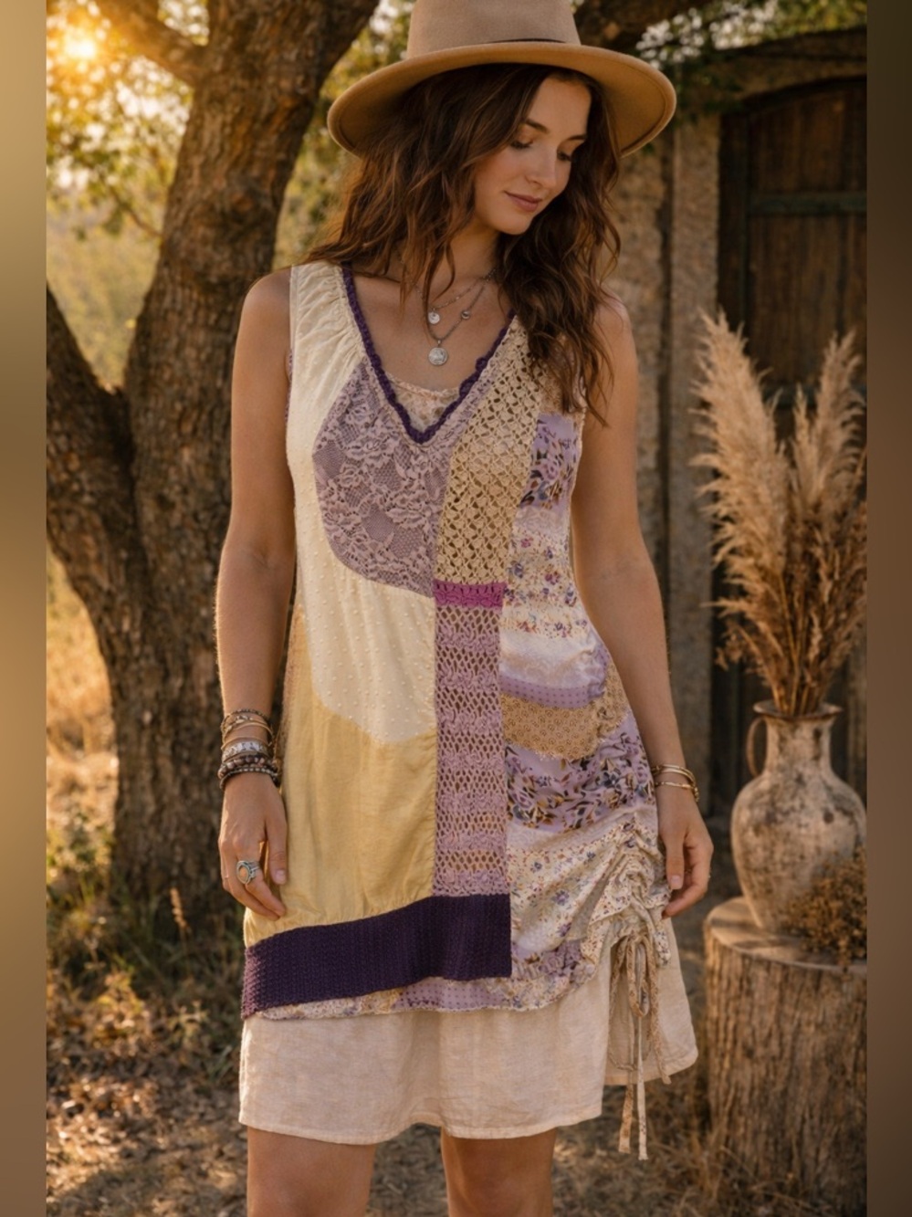 Patchwork Crochet Lace Boho Lagenlook Tunic Dress